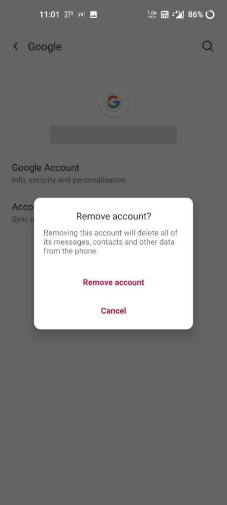 انتخاب Remove account برای رفع خطای android.process.acore has stopped